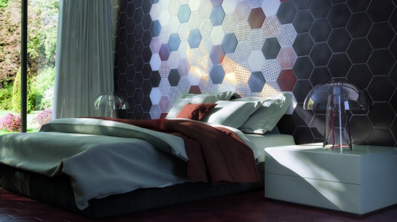 Breaking mould: headboard made with tiles.